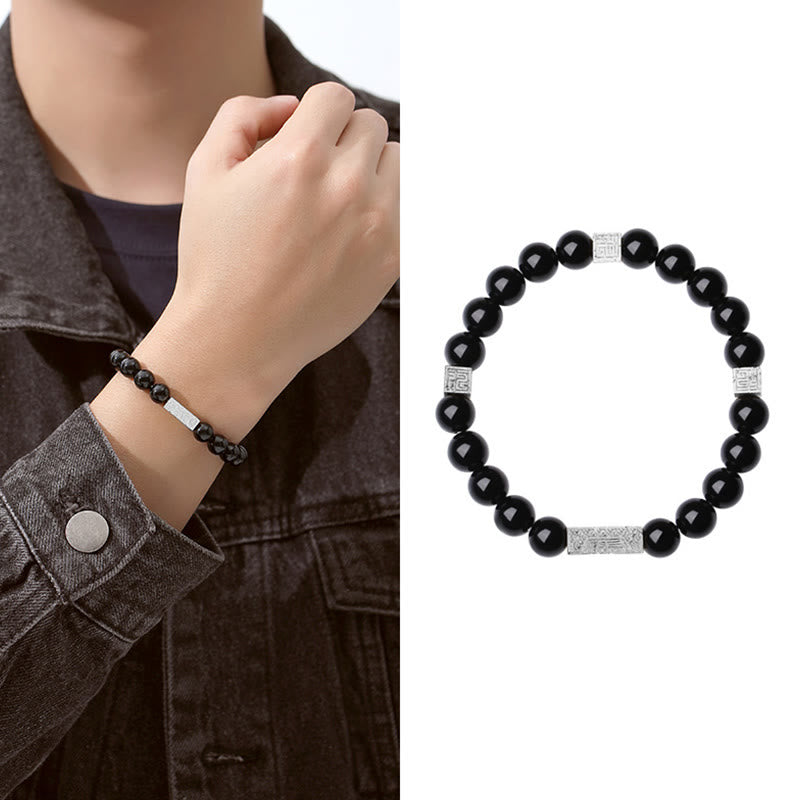 Bracelet de force en argent sterling et obsidienne noire