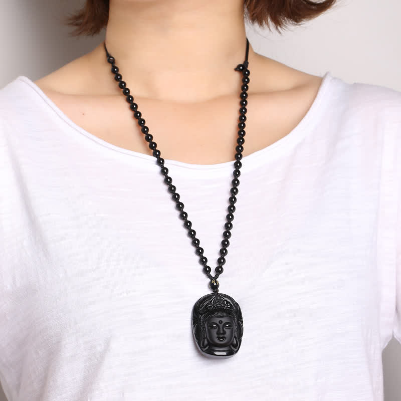 Collier de force en obsidienne noire avec pendentif Avalokitesvara