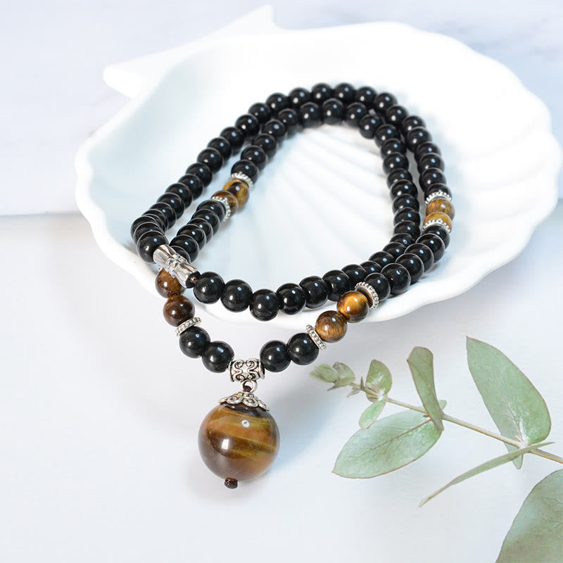 Collier en obsidienne noire œil de tigre pour la protection et la force