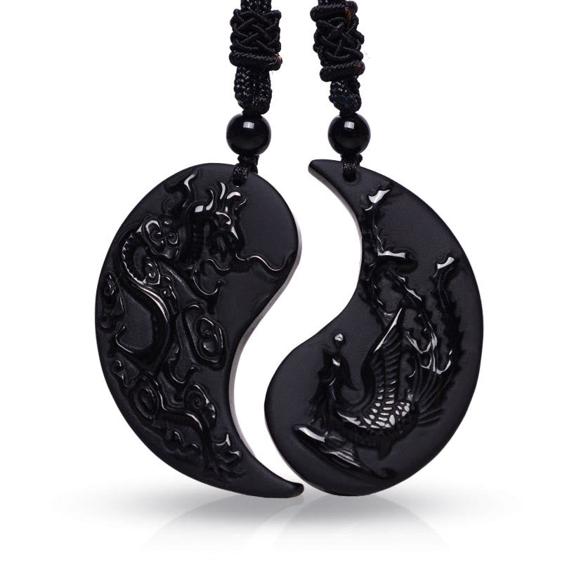 Collier Yin Yang Dragon Phénix en Obsidienne Noire