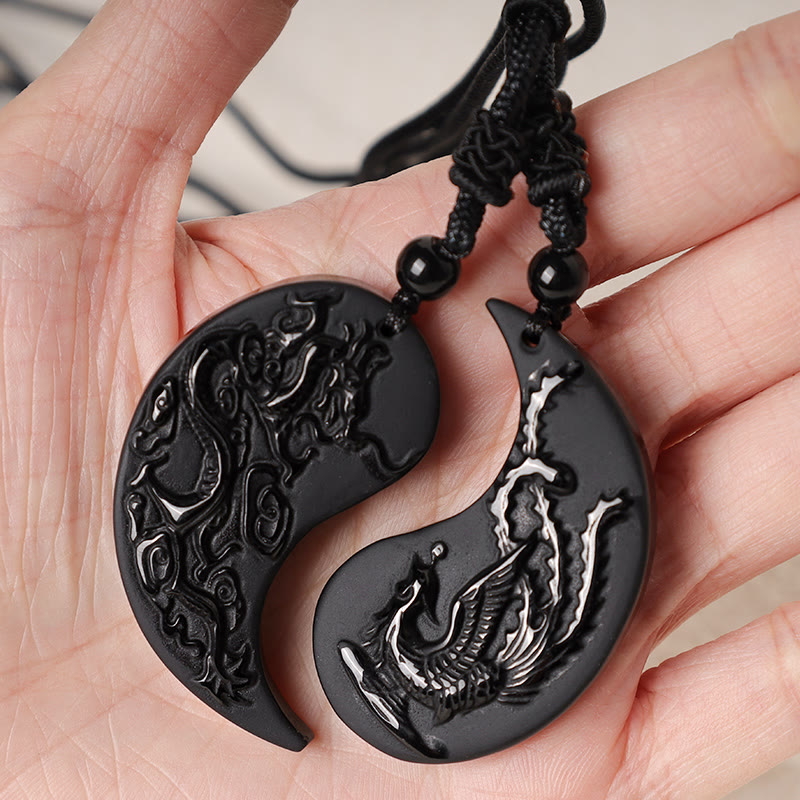 Collier Yin Yang Dragon Phénix en Obsidienne Noire