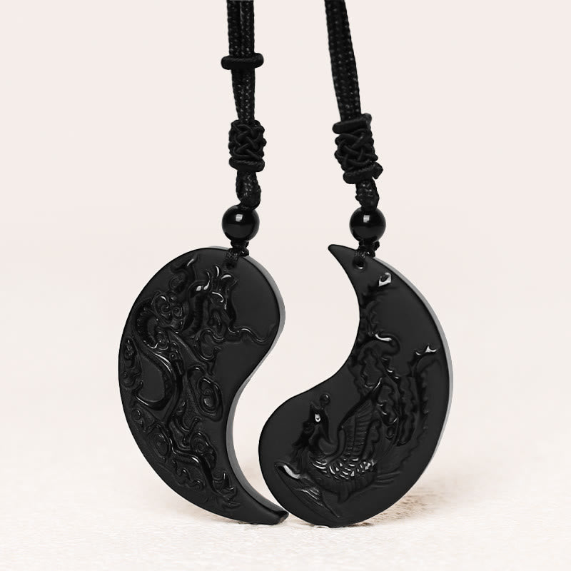 Collier Yin Yang Dragon Phénix en Obsidienne Noire
