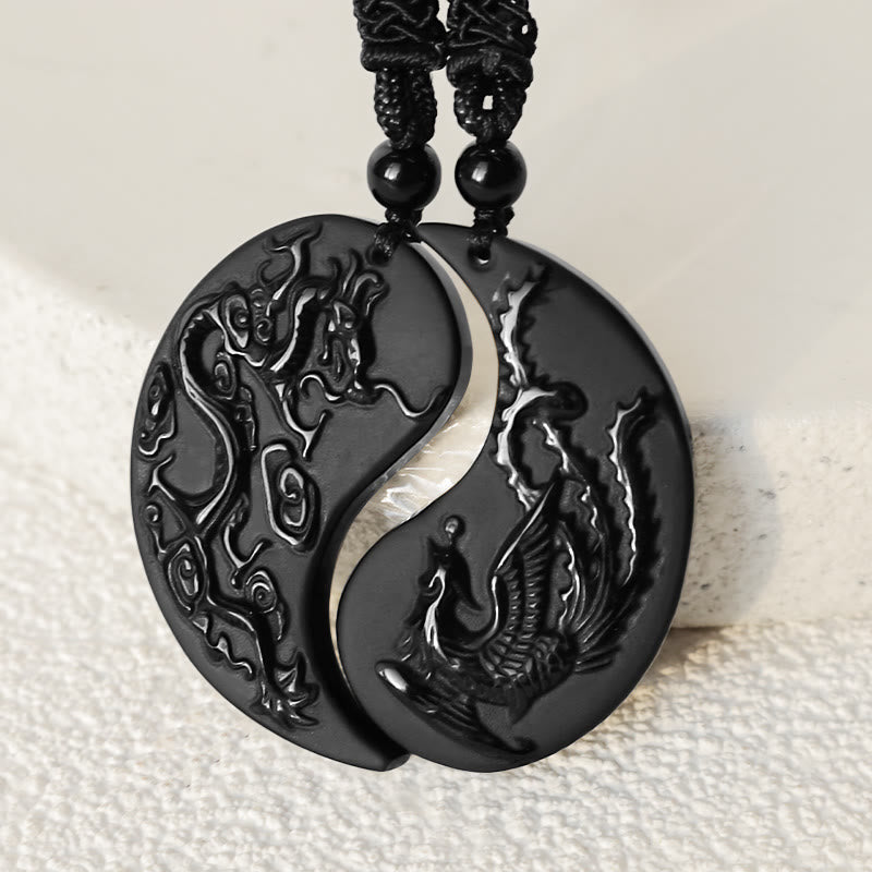 Collier Yin Yang Dragon Phénix en Obsidienne Noire