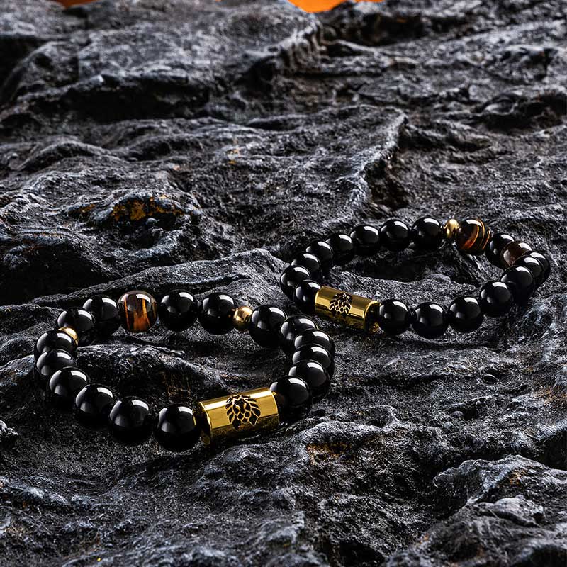 Bracelet de protection en onyx noir et œil de tigre avec perle de lion