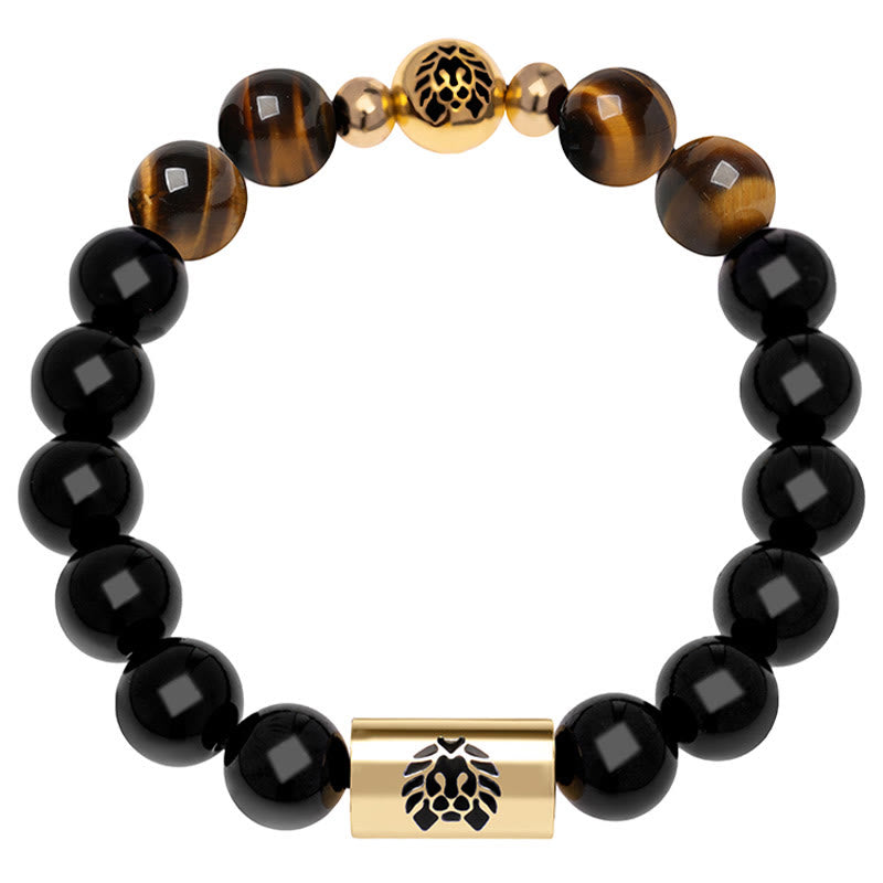Bracelet de protection en onyx noir et œil de tigre avec perle de lion