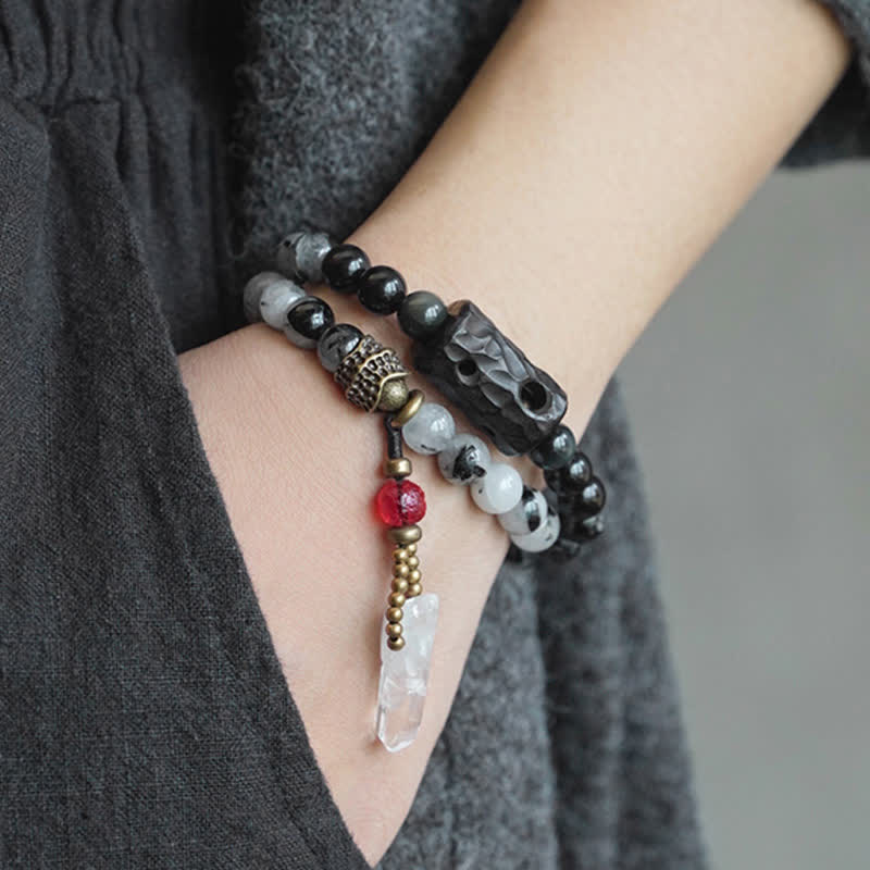 Bracelet couple en quartz rutile noir et quartz clair 8 mm