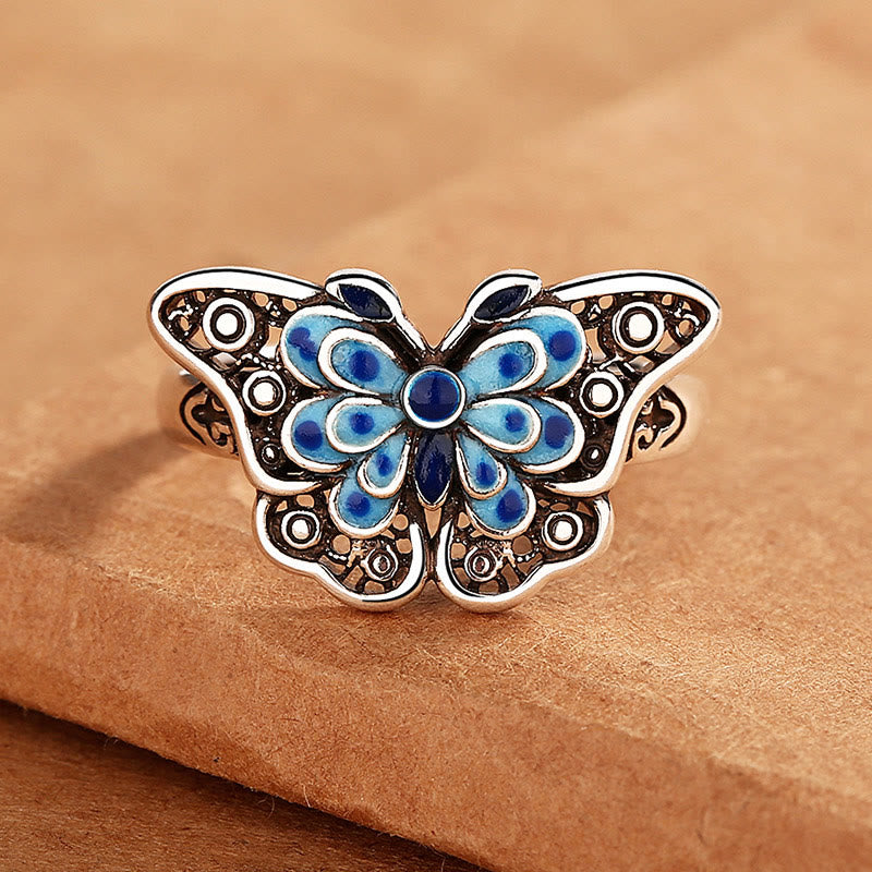 Bague spirituelle en cuivre papillon bleu pour l'amour et la transformation