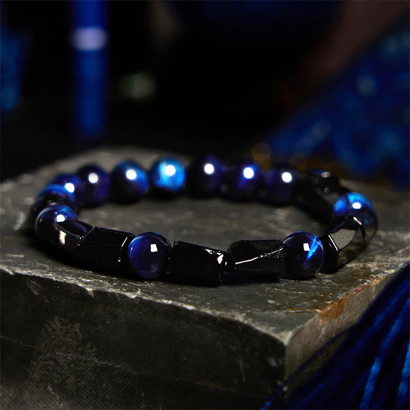 Bracelet de force en œil de tigre bleu et tourmaline noire 8 mm
