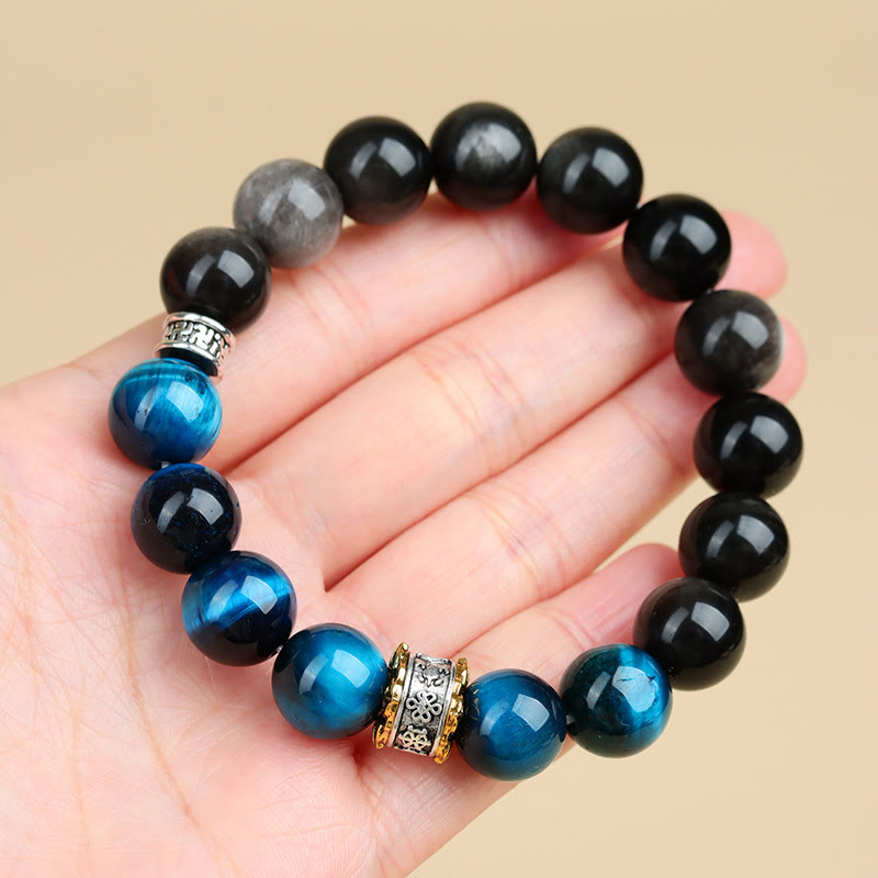 Bracelet en œil de tigre bleu et obsidienne argentée 12 mm