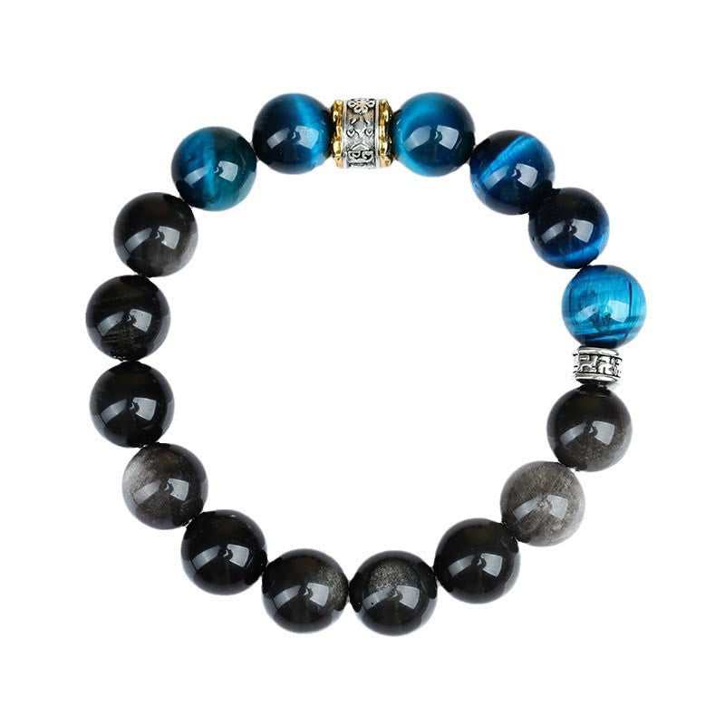 Bracelet en œil de tigre bleu et obsidienne argentée 12 mm