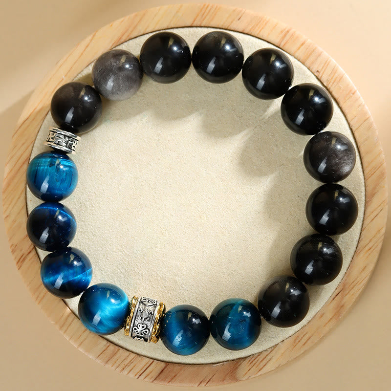Bracelet en œil de tigre bleu et obsidienne argentée 12 mm