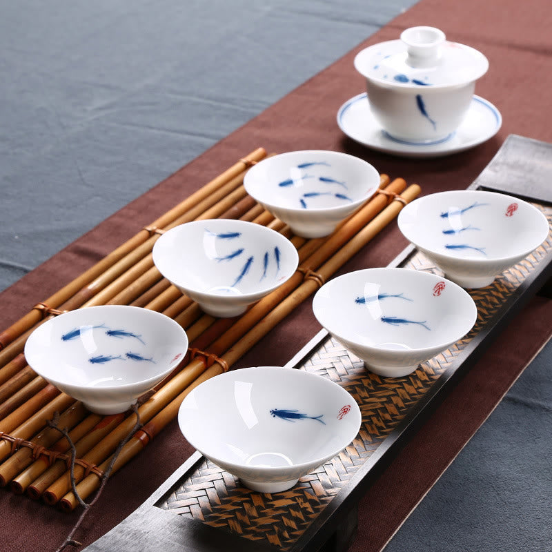 Tasse à thé en céramique motif poisson koï bleu et blanc 60 ml