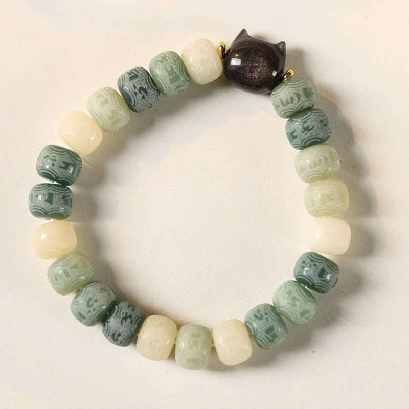 Bracelet de sagesse en graines de Bodhi et tête de chat en obsidienne