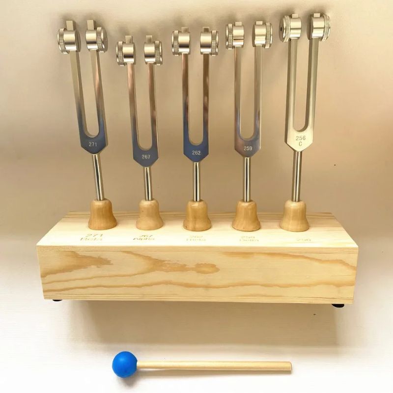 Brain Wave Tuning Fork Set with Stand featuring tuning forks and striking mallet