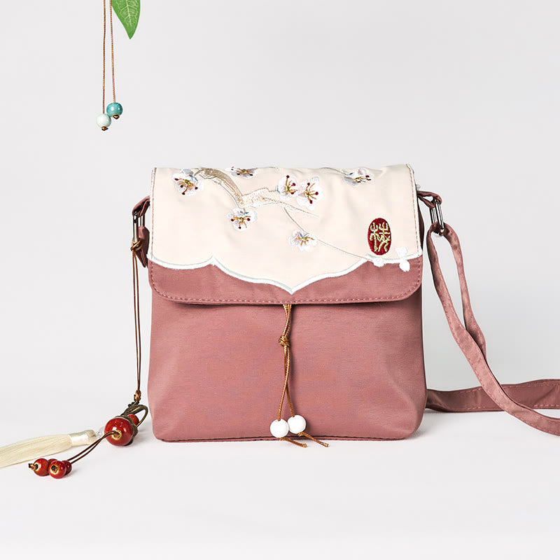 Sac de yoga en coton et lin marron à motif fleur de prunier