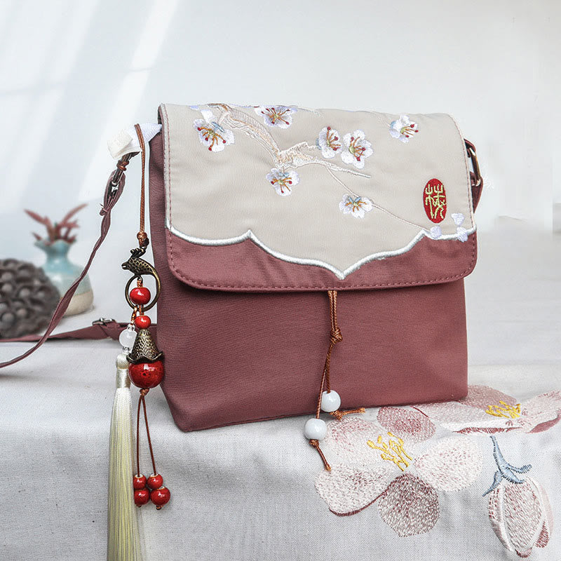 Sac de yoga en coton et lin marron à motif fleur de prunier