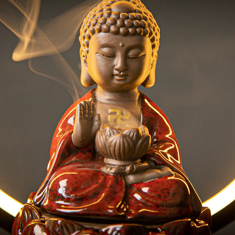 Brûleur d'encens à reflux en céramique Bouddha Lotus avec lumière