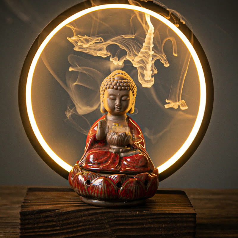 Brûleur d'encens à reflux en céramique Bouddha Lotus avec lumière