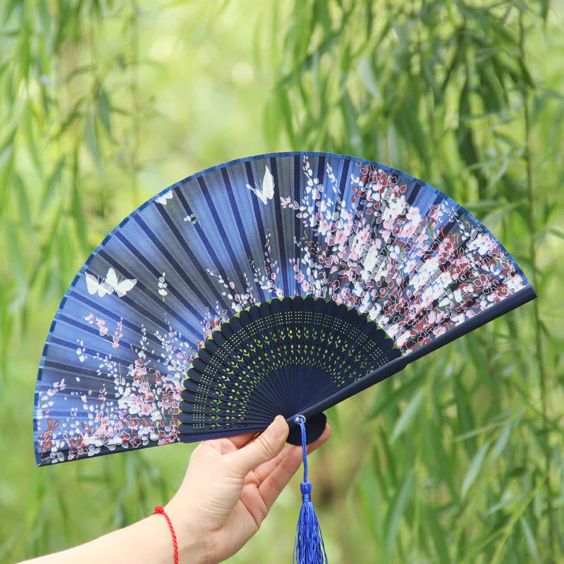 Éventail à main en bambou écologique à motif de fleurs et de papillons