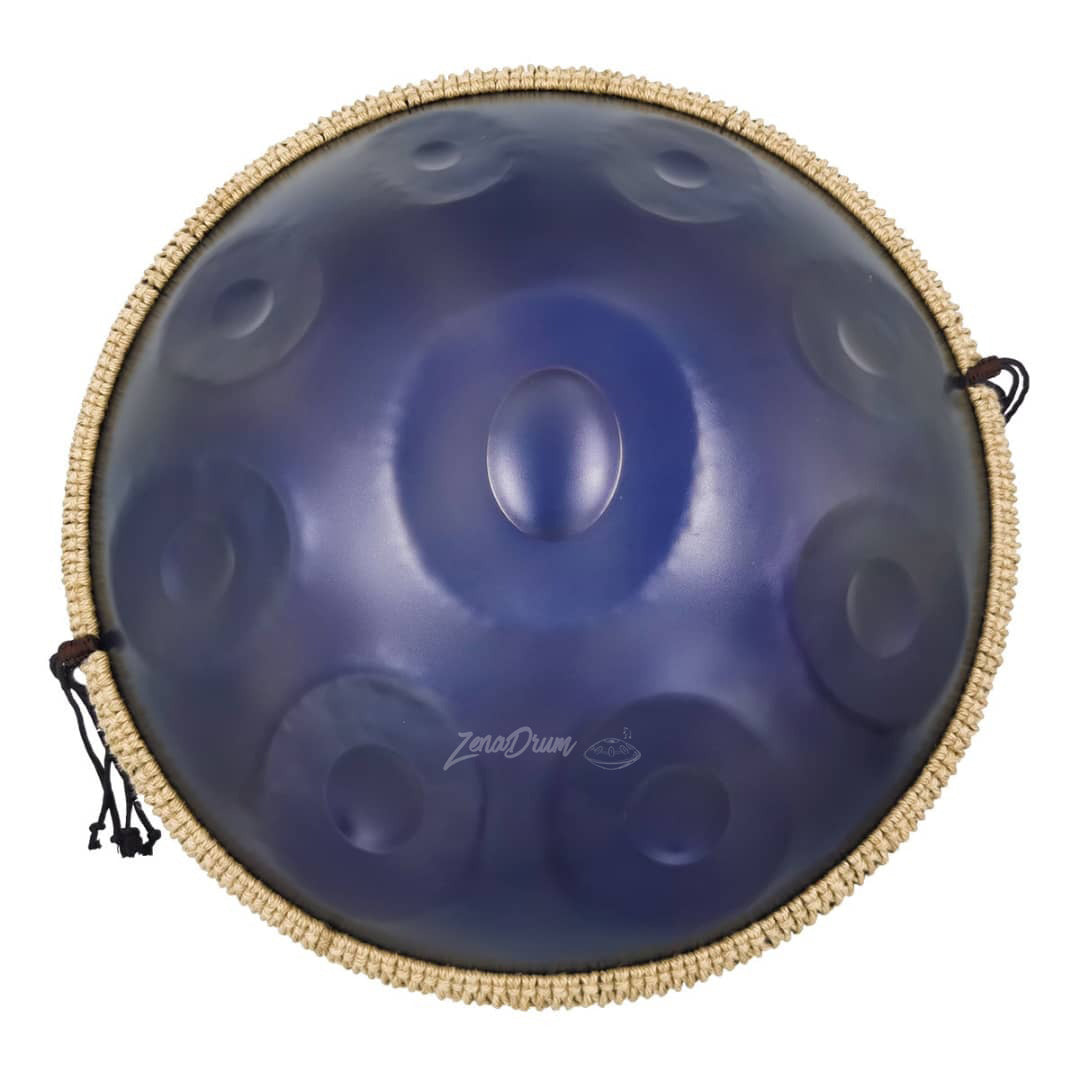 Blue metallic C# Amara Handpan Drum with woven trim, perfect for beginners and pros
