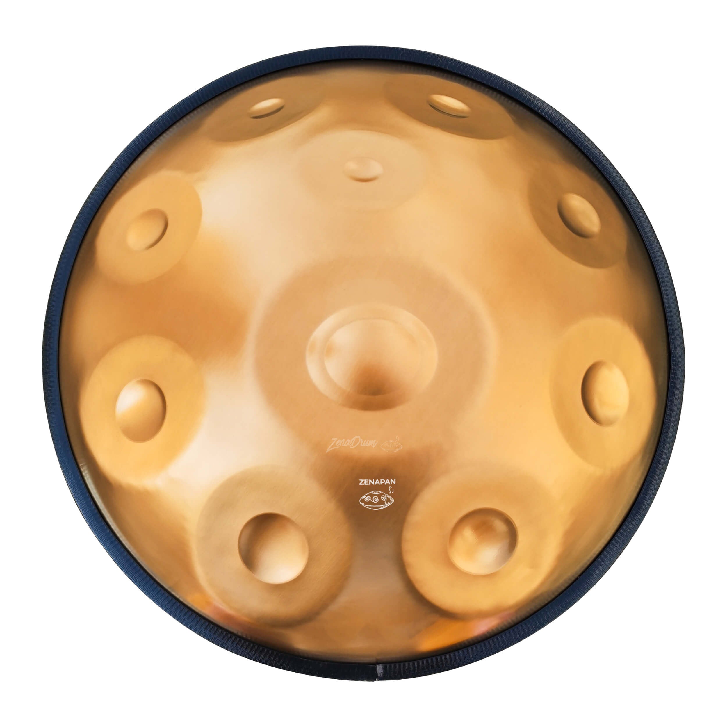 C Major Handpan Drum with golden metallic surface and multiple tone fields for sale