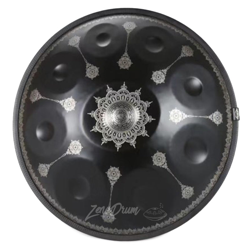 Black C Major Handpan Drum with ornate silver mandala designs for sale
