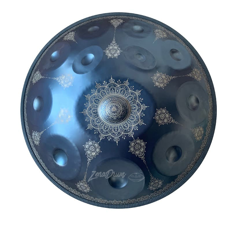 Metallic blue C Major Handpan Drum with ornate mandala designs for sale 432Hz