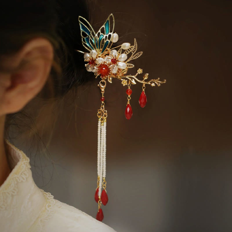 Red Flower Butterfly Pearl Tassel Hair Clip Comb Crown, Spiritual Jewelry