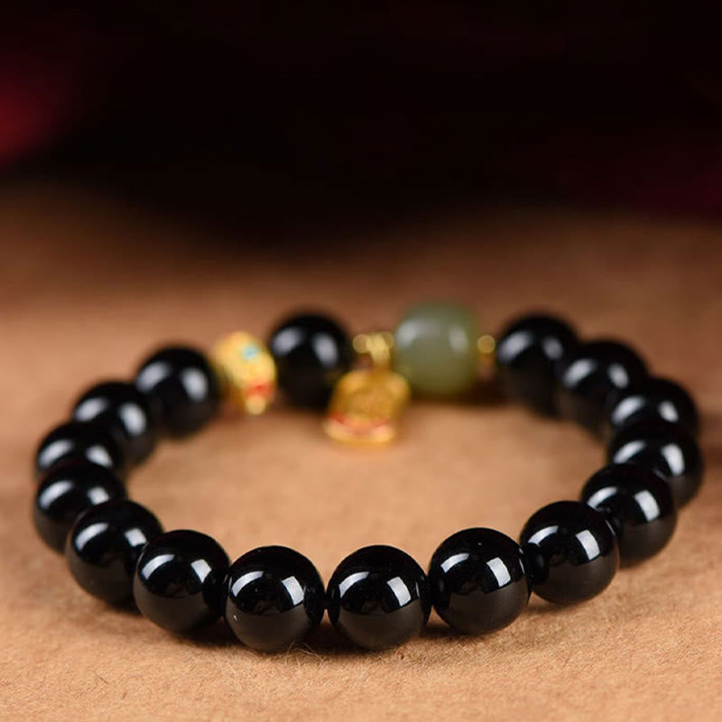 Bracelet porte-bonheur en onyx noir et jade Hetian 8 mm