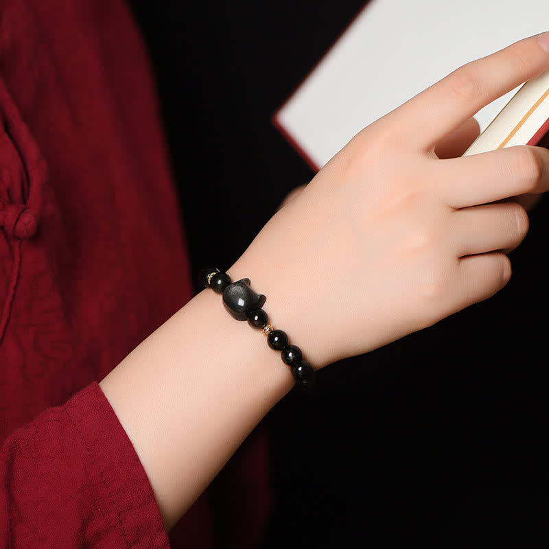 Gold Sheen Obsidian Lucky Cat Protection Bracelet