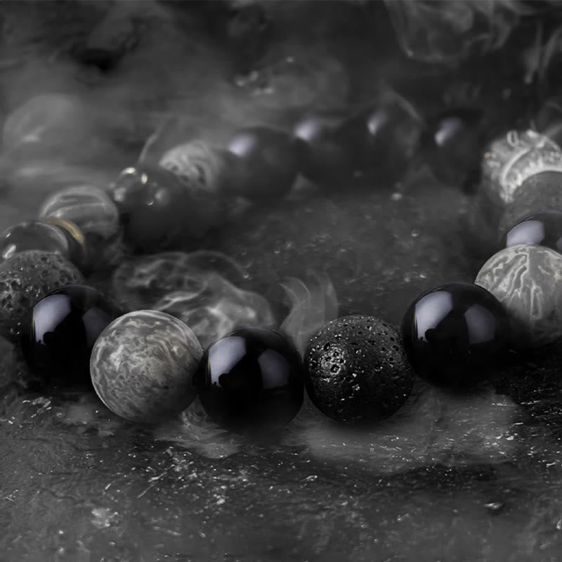 Bracelet Yin Yang en obsidienne noire et pierre de lave pour la force