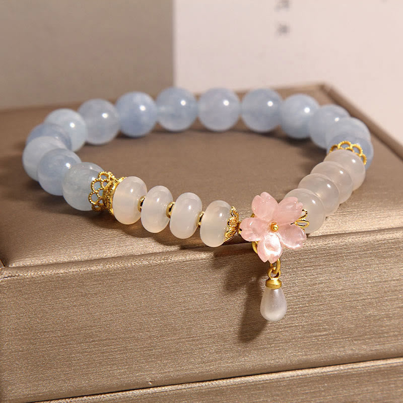 Aquamarine White Agate Flower Healing Bracelet 14cm