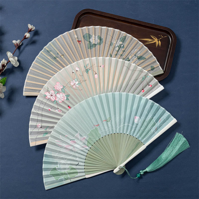 21cm Chinese Folding Fan with Lotus Begonia Jasmine Motifs in Bamboo Frame