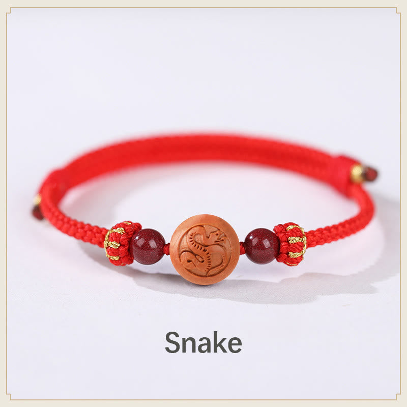 Bracelet de richesse en bois de pêcher naturel avec symbole du zodiaque chinois Fu et cinabre