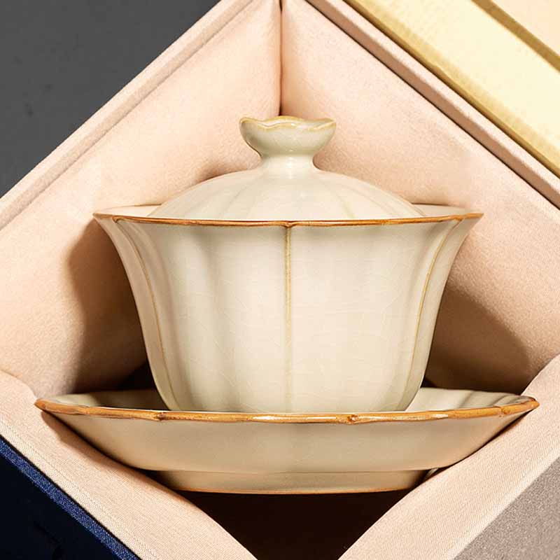 Service à thé Gaiwan en céramique beige à motif de fleurs de prunier, 120 ml