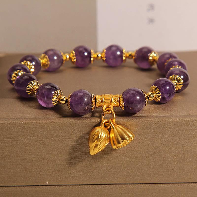 Bracelet de guérison en améthyste naturelle avec lotus pour l'équilibre spirituel