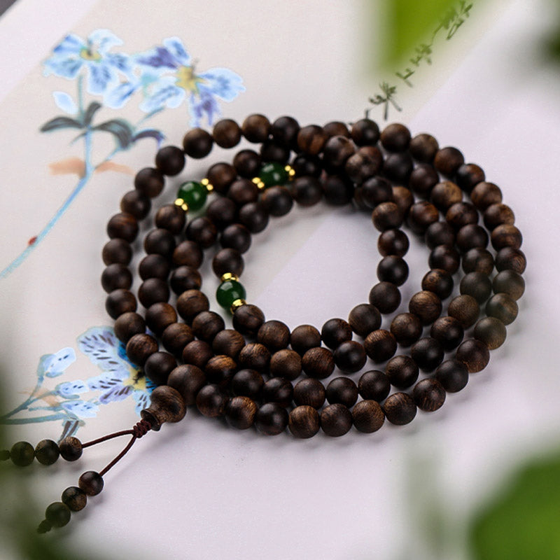 108 Beads Agarwood Cyan Jade Wood Mala Bracelet for Protection