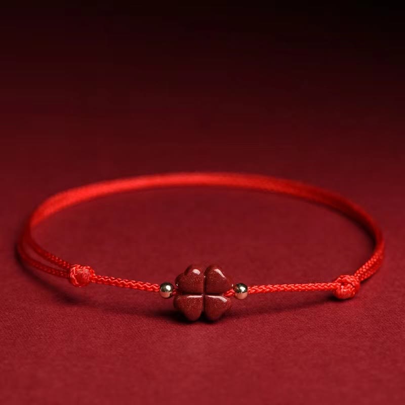 Natural Cinnabar Red String Bracelet with Four Leaf Clover Blessing
