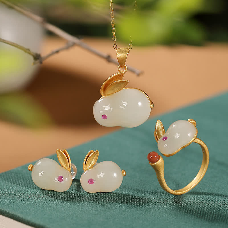 925 Sterling Silver Hetian Jade Luck Ring Earrings Necklace Pendant