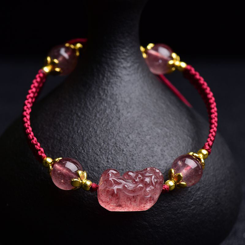 Adjustable Strawberry Quartz Red String Bracelet with Pixiu Charm