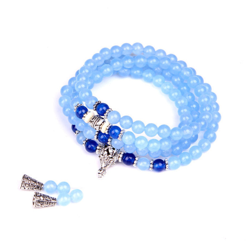 Bracelet Mala 108 perles en cristal bleu et pierres précieuses 6 mm
