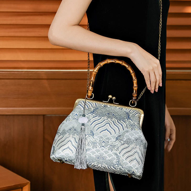 Sac bandoulière Silver Lines avec poignée en bambou 26 cm