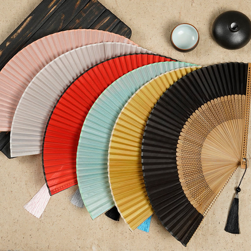 Vintage Chinese Folding Fan | Bamboo & Polyester Handheld Fan