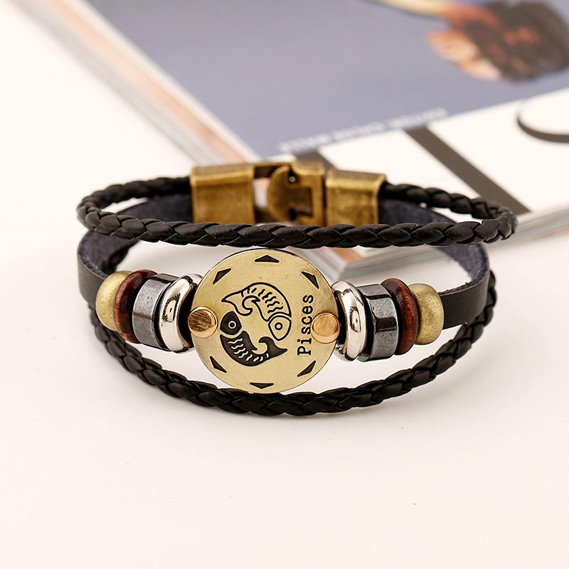 Bracelet à breloques en cuir hématite avec 12 constellations du zodiaque