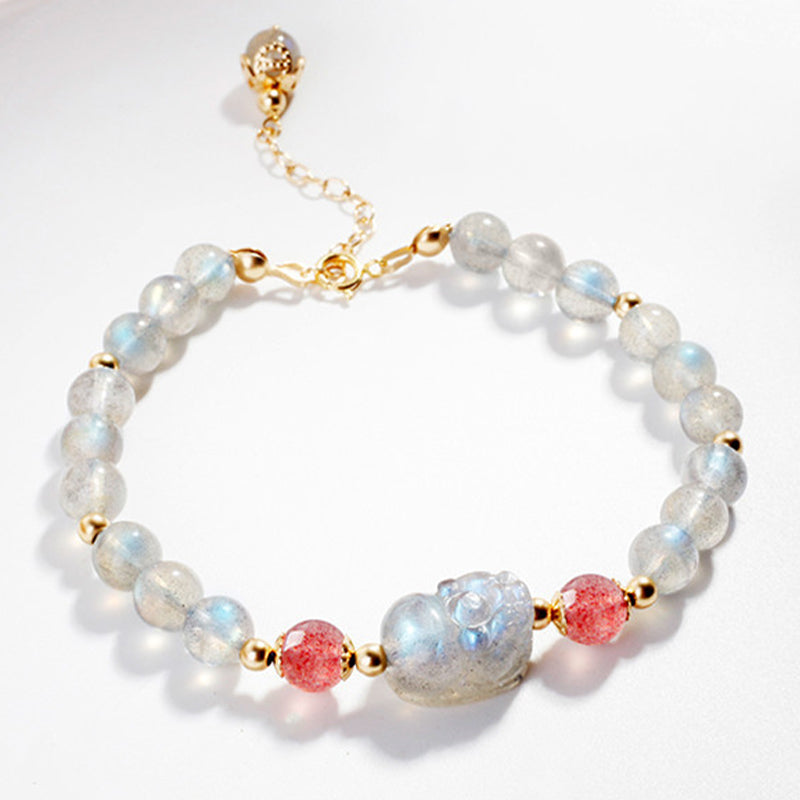 Bracelet Pixiu en quartz fraise et pierre de lune pour la richesse et l'amour