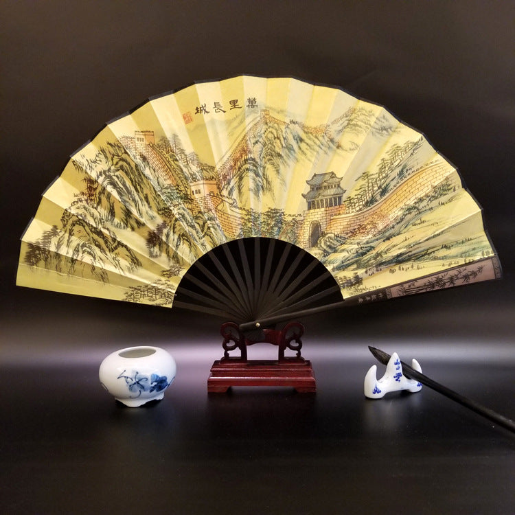 33.5cm Chinese Bamboo Folding Fan with Great Wall Pattern