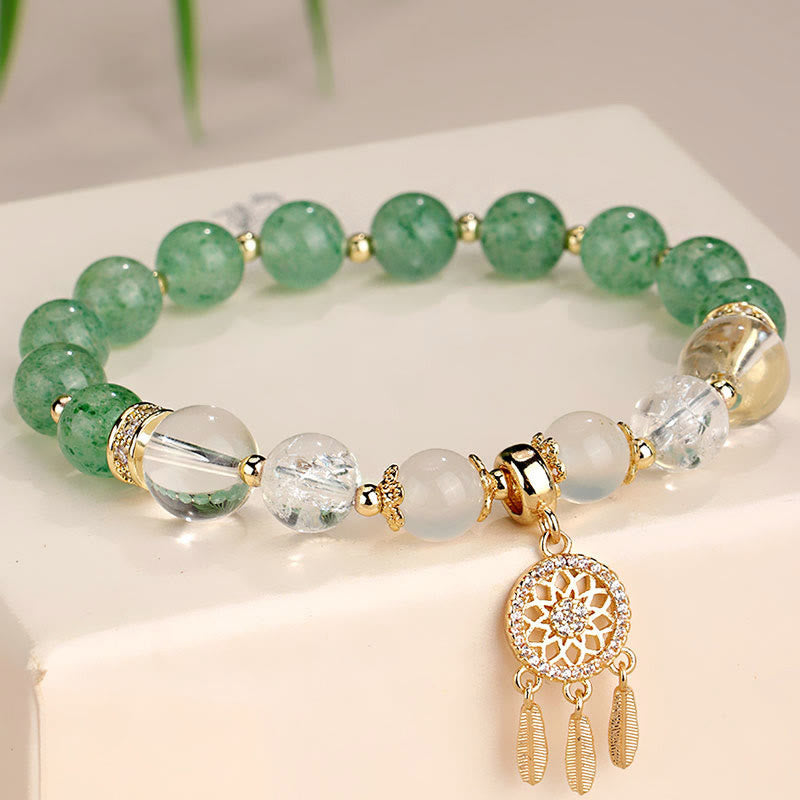Bracelet de guérison attrape-rêves en quartz fraise vert et améthyste