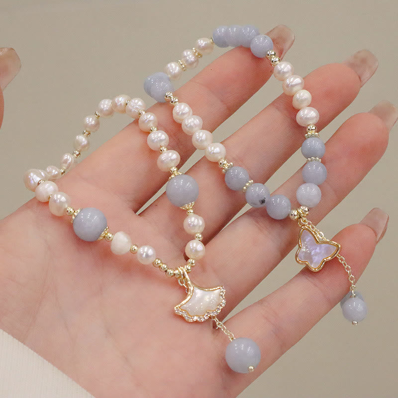 Aquamarine Pearl Healing Bracelet | Ginkgo Leaf & Butterfly Charm