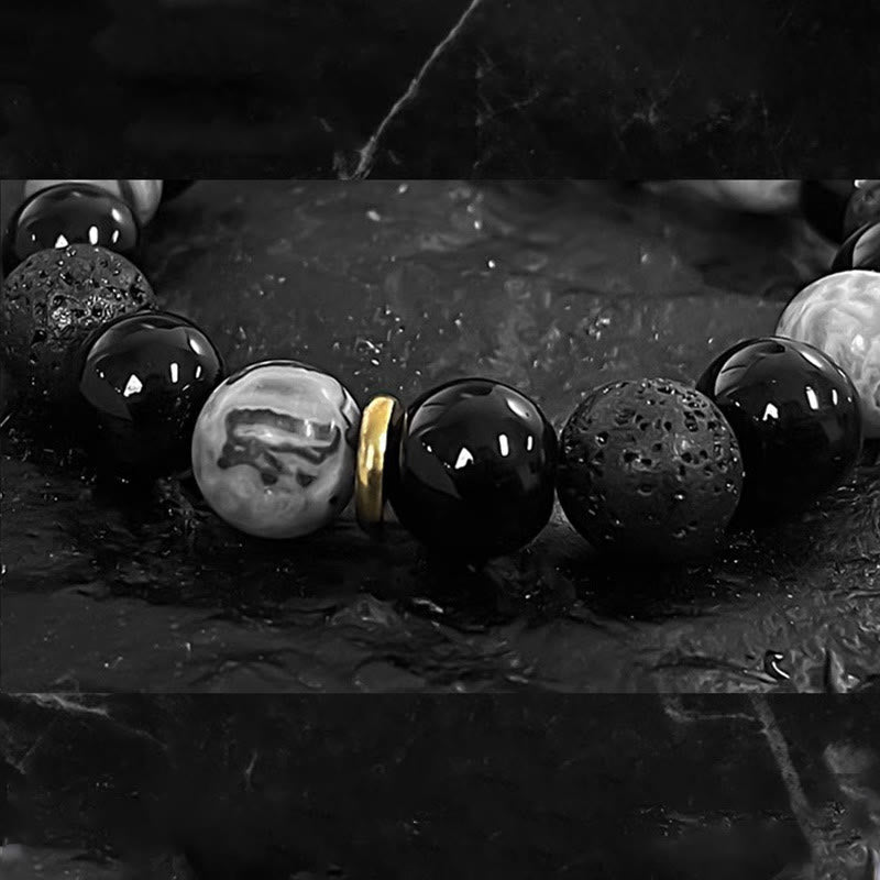 Bracelet Yin Yang en obsidienne noire et pierre de lave pour la force