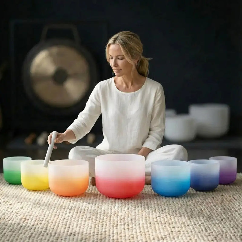 A set of seven gradient-colored crystal singing bowls arranged in a circle, each featuring smooth, translucent glass with a soft ombre finish transitioning from one hue to another.